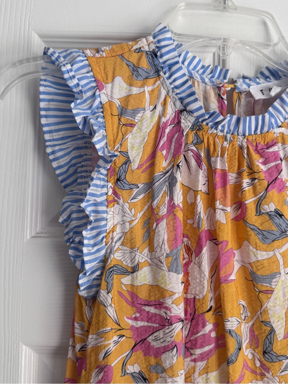 THML Mixed Print Ruffle Sleeve Blouse, Floral & Stripe Sleeveless Top - Picture 7 of 13